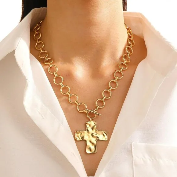 Women Gold 04 Pearl Cross Necklace - Chunky Gothic Punk Vintage Cross Jewelry - Picture 3 of 9